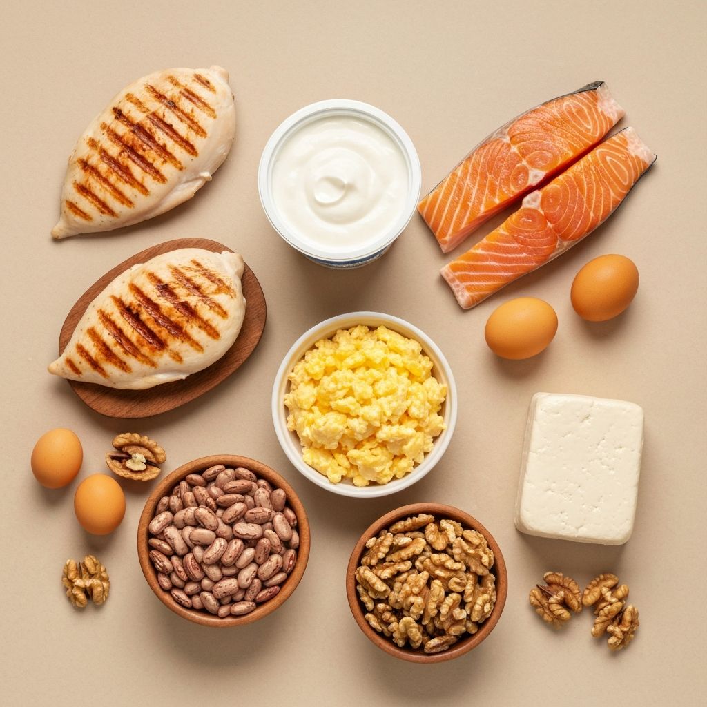 Diverse protein food sources arranged in professional composition