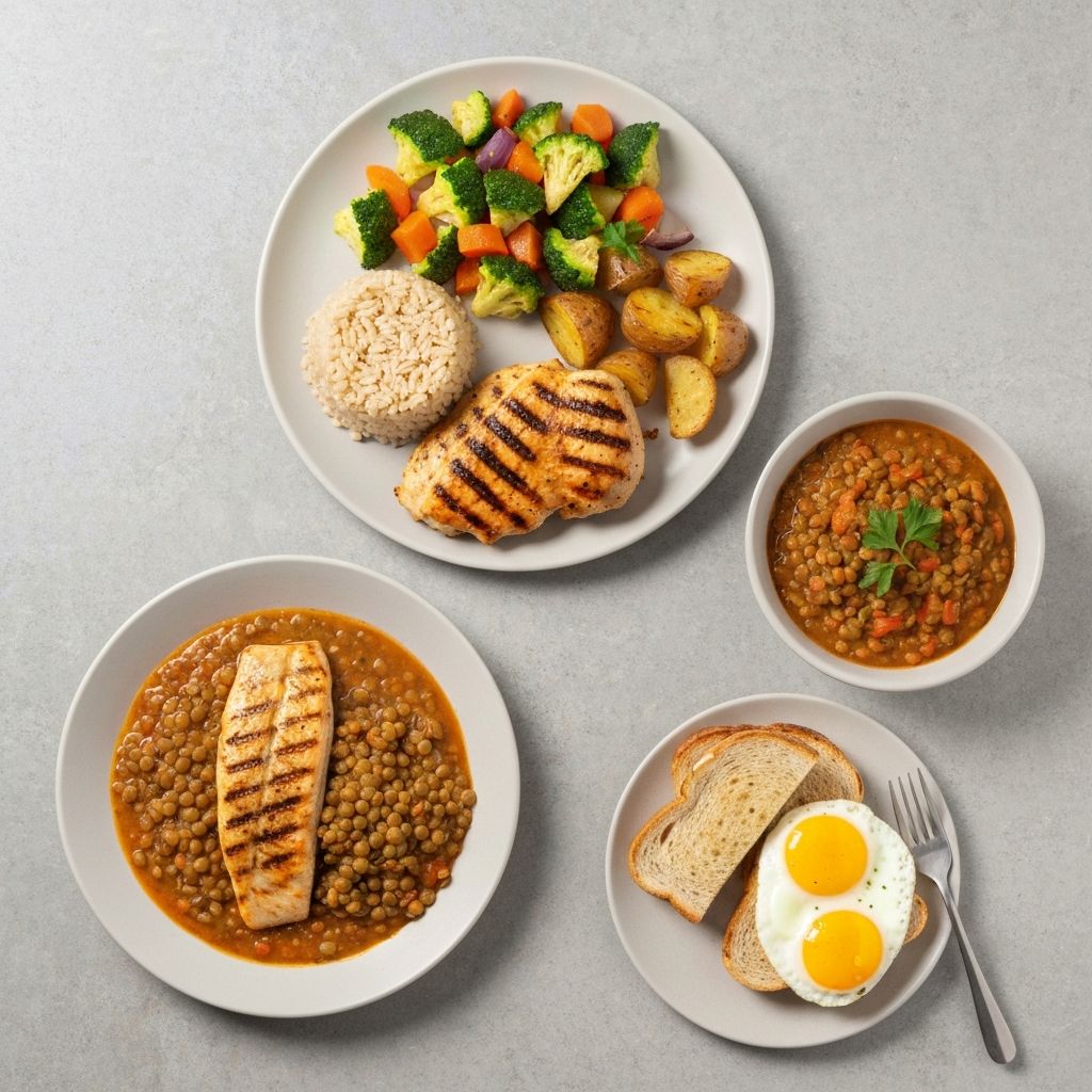 Studio photography showing protein sources in context of mixed meals with other food components